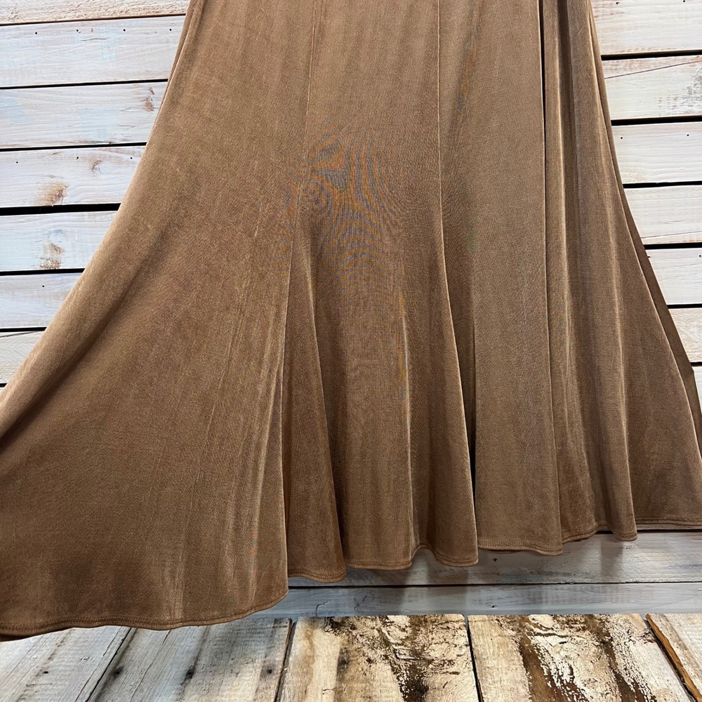 Vintage Chico's Brown Acetate Midi Trumpet Skirt Travelers Gored Flare Size 16 2 - Picture 4 of 6